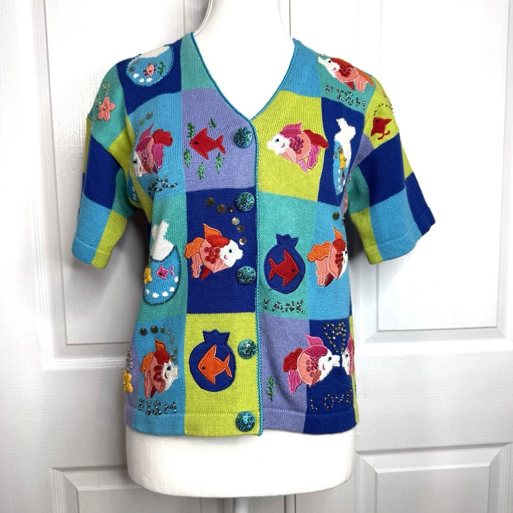 Berek Fish Sweater Cardigan Womens Small Beaded Embroidered Colorful Crochet - Picture 2 of 8